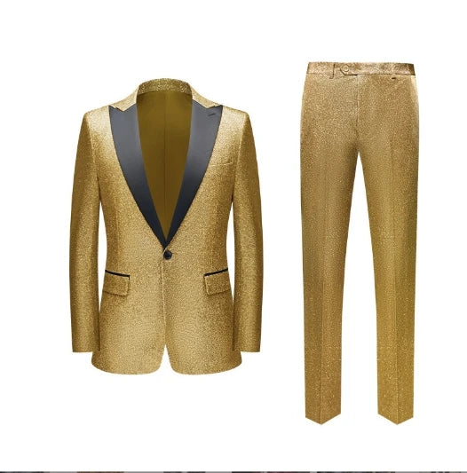 Chic Shiny Men's Suit Set Slim Host Performance Formal Blazer Pants Custom Gold Wedding Gown Christmas Party Dress Mont Erkek