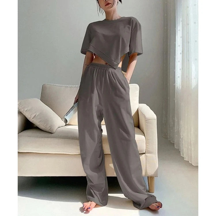 Wholesale Pant Shirt Set Women Clothing 2025 Custom logo Sweat Suits Two Piece Asymmetrical Shirt and Pants Sets  for Women