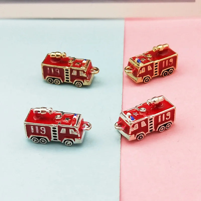 9x23mm Cute DIY Gold Plated Transportation 3D Zinc Alloy Jewelry Making Accessories Enamel Enameled Fire Truck Charm Pendants
