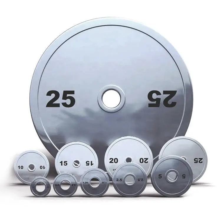 Chromed Silver Weightlifting Barbell Stack Plate 10kg 20kg Gym Calibrated Steel Weight Plates Wholesale
