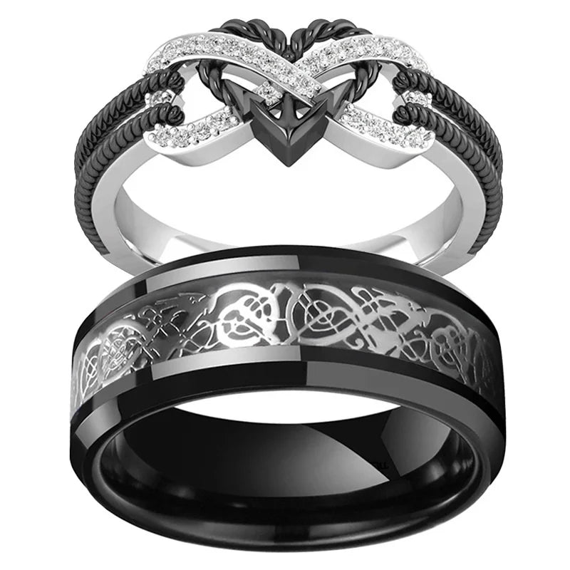 8MM Black Stainless Steel Dragon Rings Set Women Engagement Crystal Diamond Heart Ring for Couple Jewelry