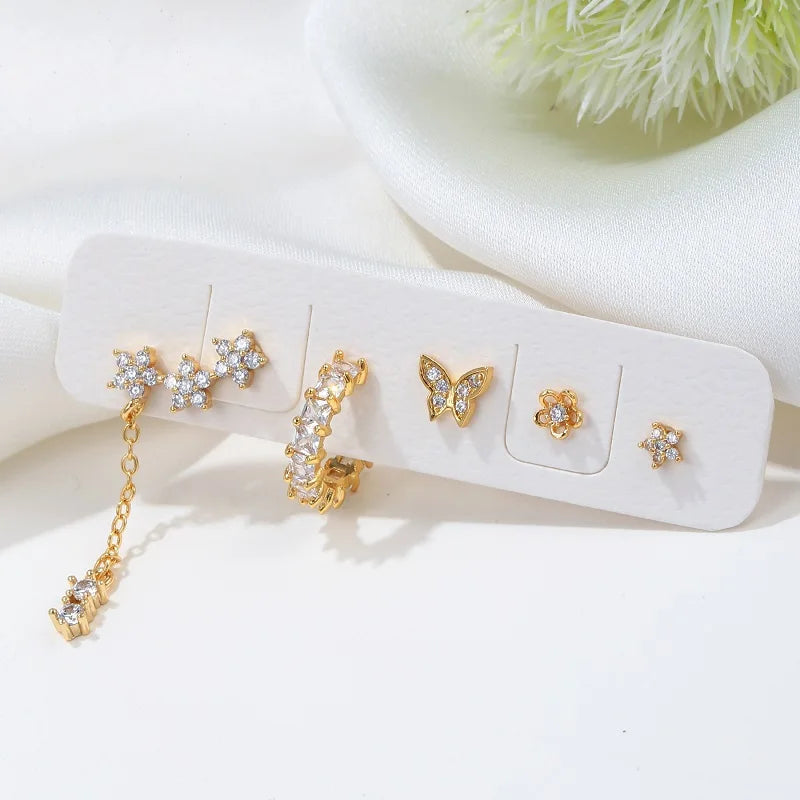 Women's Non-Allergic Jewelry Earrings Set Ear Studs Gold Plated Zircon Inlaid Mini Butterfly Flower Post Stud Earrings Wholes