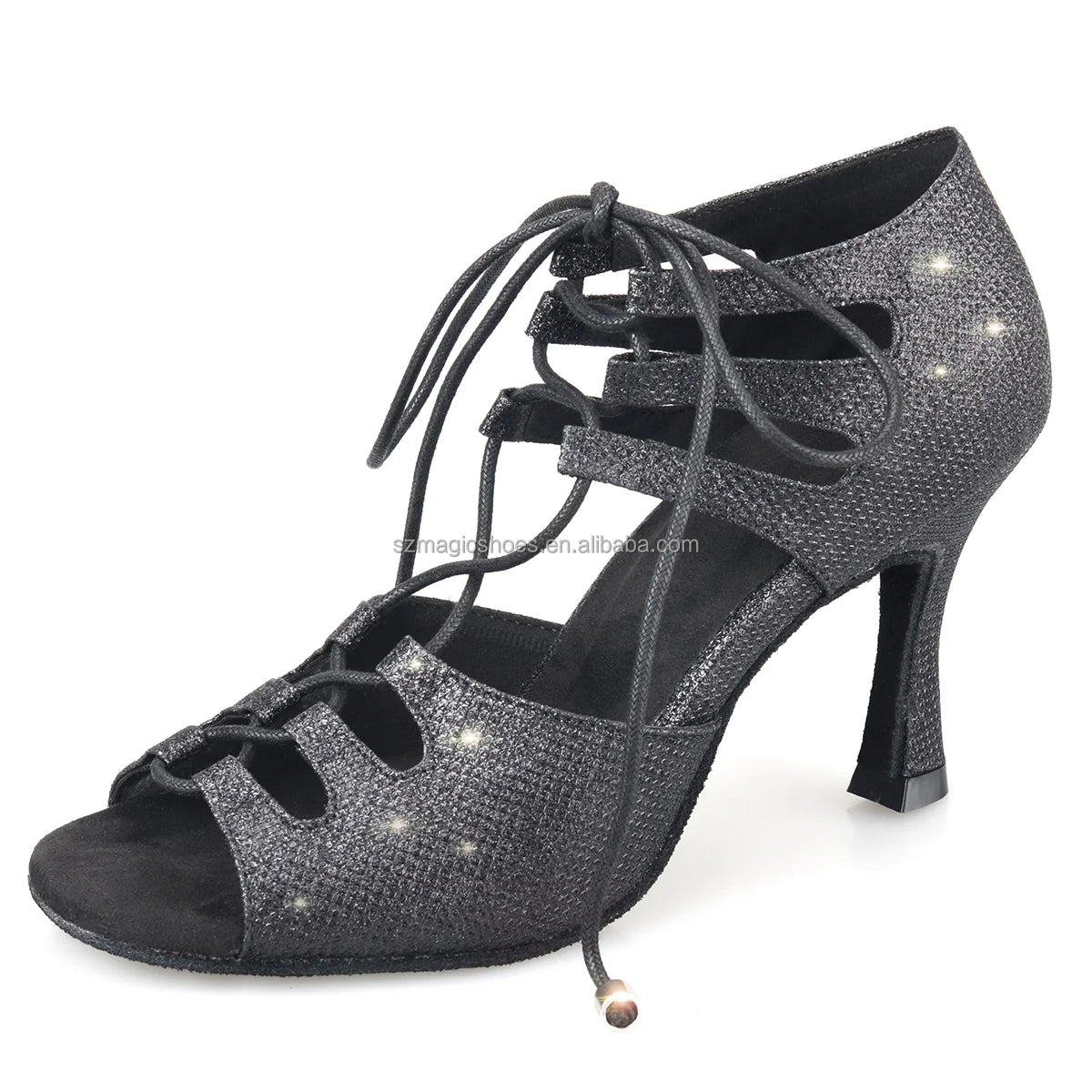 Wedopus Lace-up Black Dance Sandal with Glitter Customized Heel