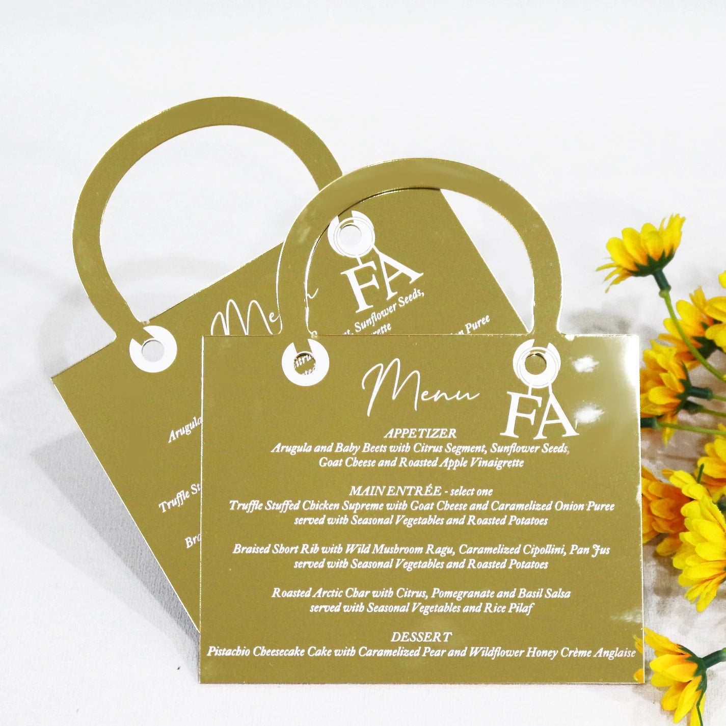 Customizable Luxury Gold Mirror Acrylic Wedding Menu Cards Handbag-Shaped White Foil Printing Featuring Music Angel Cross Sty