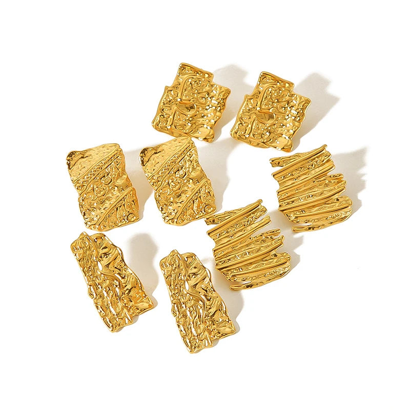 Cross-border New Retro Design Irregular Fold Texture Earrings 18K Gold Stainless Steel Earrings Personality Fashion Woman