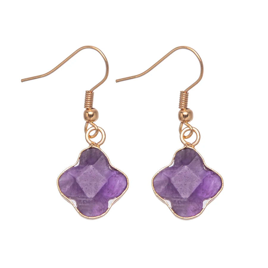 New Natural Crystal Stone Rose Quartz Four Leaf Clover Earrings for Women Jewelry Crystal Lucky Clover Stainless Steel Lug Ho