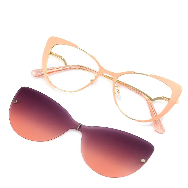 Women's 2-in-1 Cat Eye Magnetic Metal Frame Sunglasses with UV400 Polarized TAC Lenses Anti Blue Light
