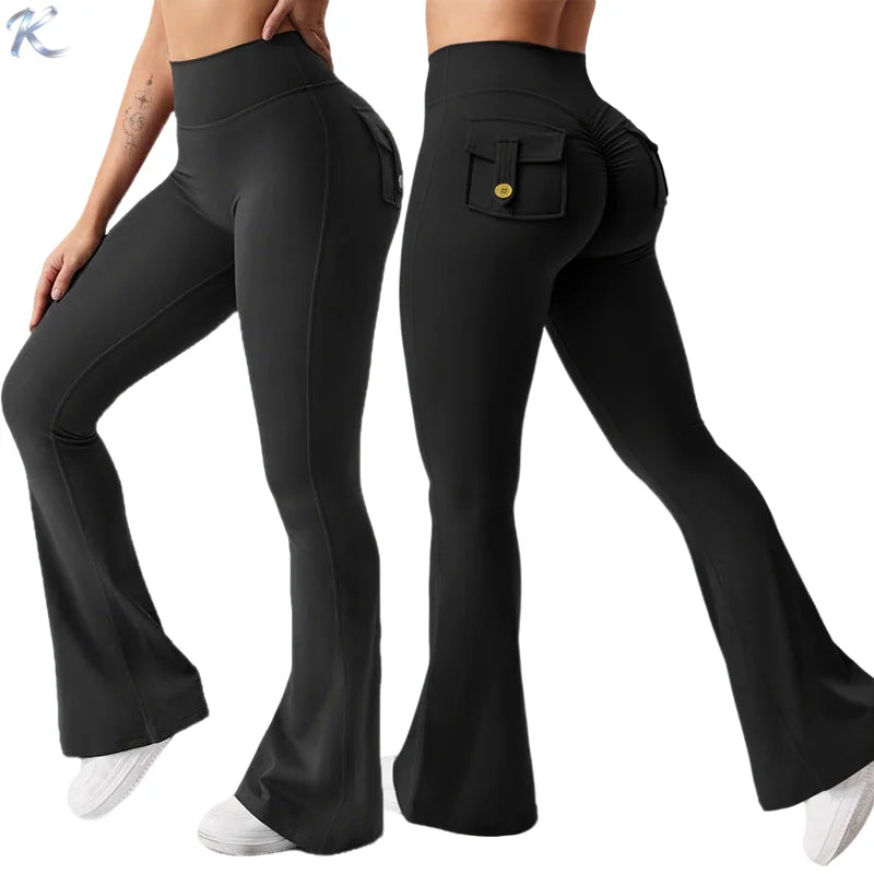 Women High Waisted Tummy Control Ruched 3D Ruched Butt Lift Flare Pockets Leggings Seamless Bootcut Flare Bootcut Leg Yoga Pa
