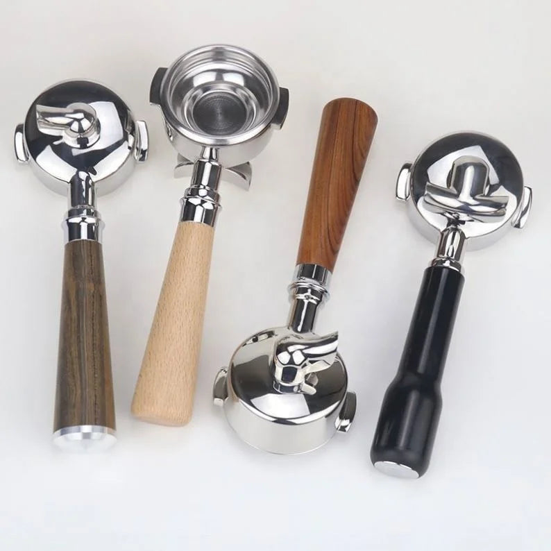 51mm 54mm 58mm Eco-Friendly Coffee Portafilter with Double Spout and 2 Cup Basket with Wood Handle Custom Logo Stocked