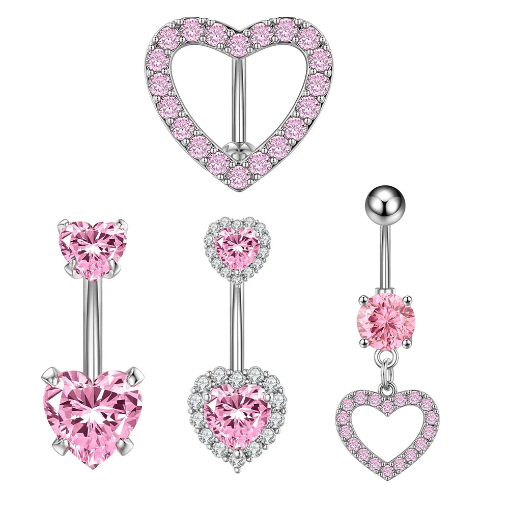 Set of 4 Cute Pink Heart Stainless Steel Belly Button Rings Women's Navel Piercing Body Jewelry for Engagement