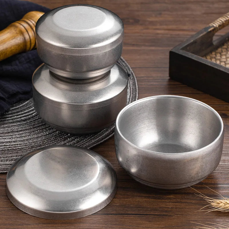 Food Grade Stainless Steel 304 Double-Walled Metal Soup Bowl with Lid for Korean Kimchi and Rice Kitchen Essential