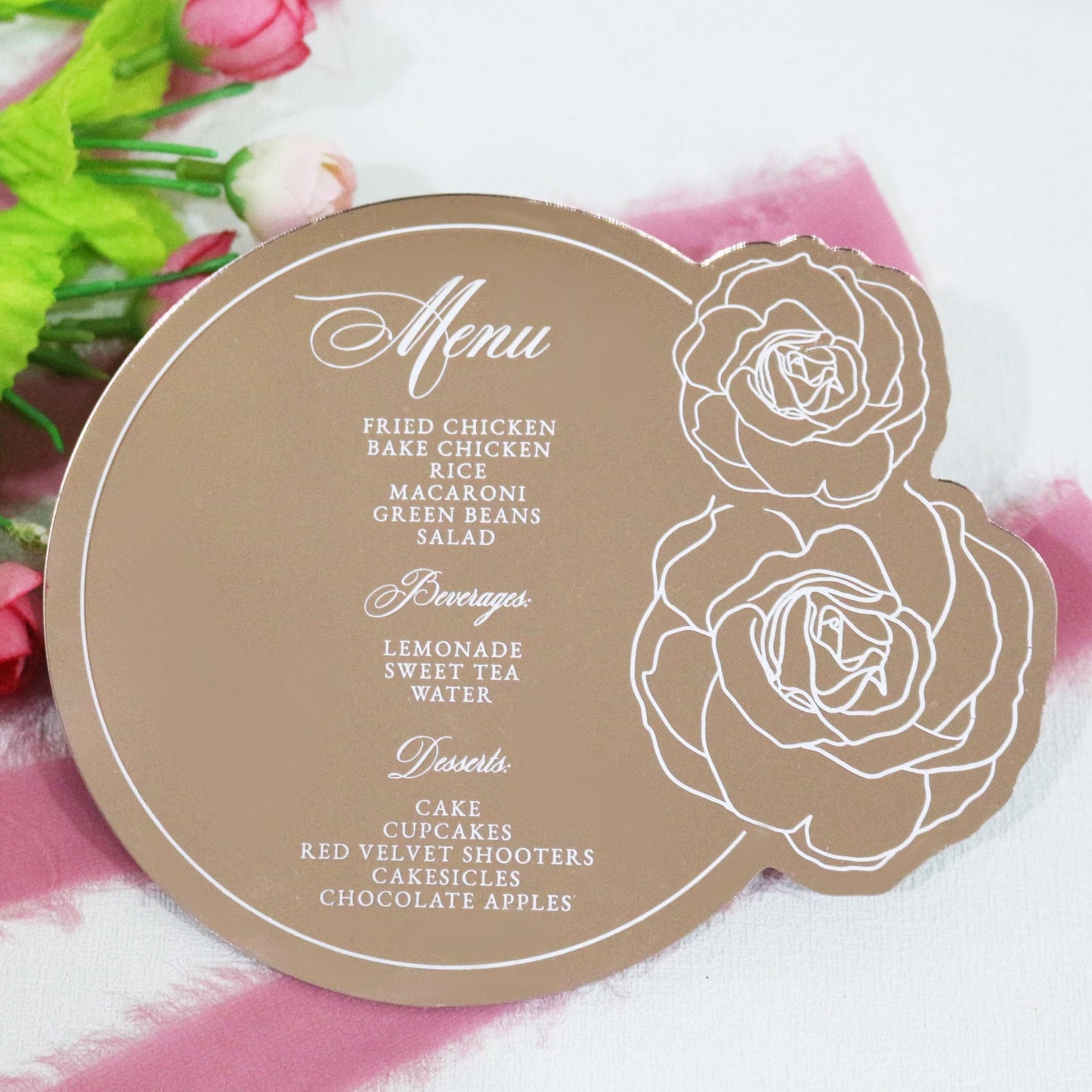 Rose Gold Mirror Acrylic Wedding Party Menu Card Custom Design With Roses