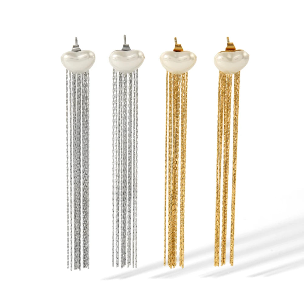 French Elegant Heart Pearl Long Thin Tassel Shaped 18K Gold Plated Stainless Steel Waterproof Tassel Earrings for Women