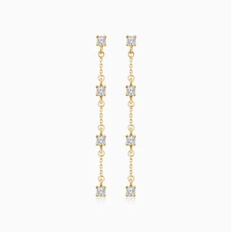 Fine Jewelry 14K Gold Plated Chain Round Cut White Cubic Zircon 925 Sterling Silver Link Drop Earring