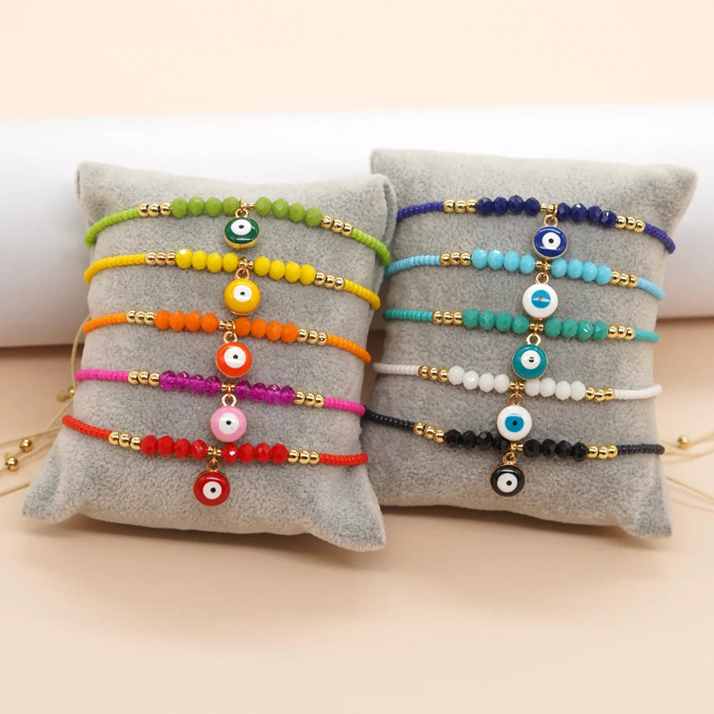 Jingcan Crystal Wholesale Women Multi Colors Crystal Bead Bracelet Adjustable Seed Beads Beaded Evil Eye Bracelet
