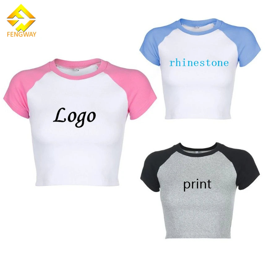Custom logo Women Crop Top 2025 Summer Round Neck Woman Patchwork t Shirts Tees Baby Tees Women
