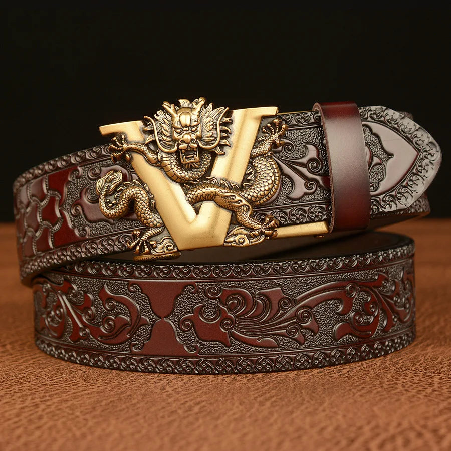 Wholesale Carved Dragon Slide Automatic Buckle Leather Pants Belt Cowboys Printed Cowhide Genuine Leather Hip Hop Belt for Me