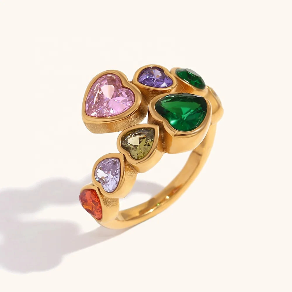 Dingran Summer Colorful Heart Zircon Open Design Rings Waterproof Gold Plated Stainless Steel Jewelry