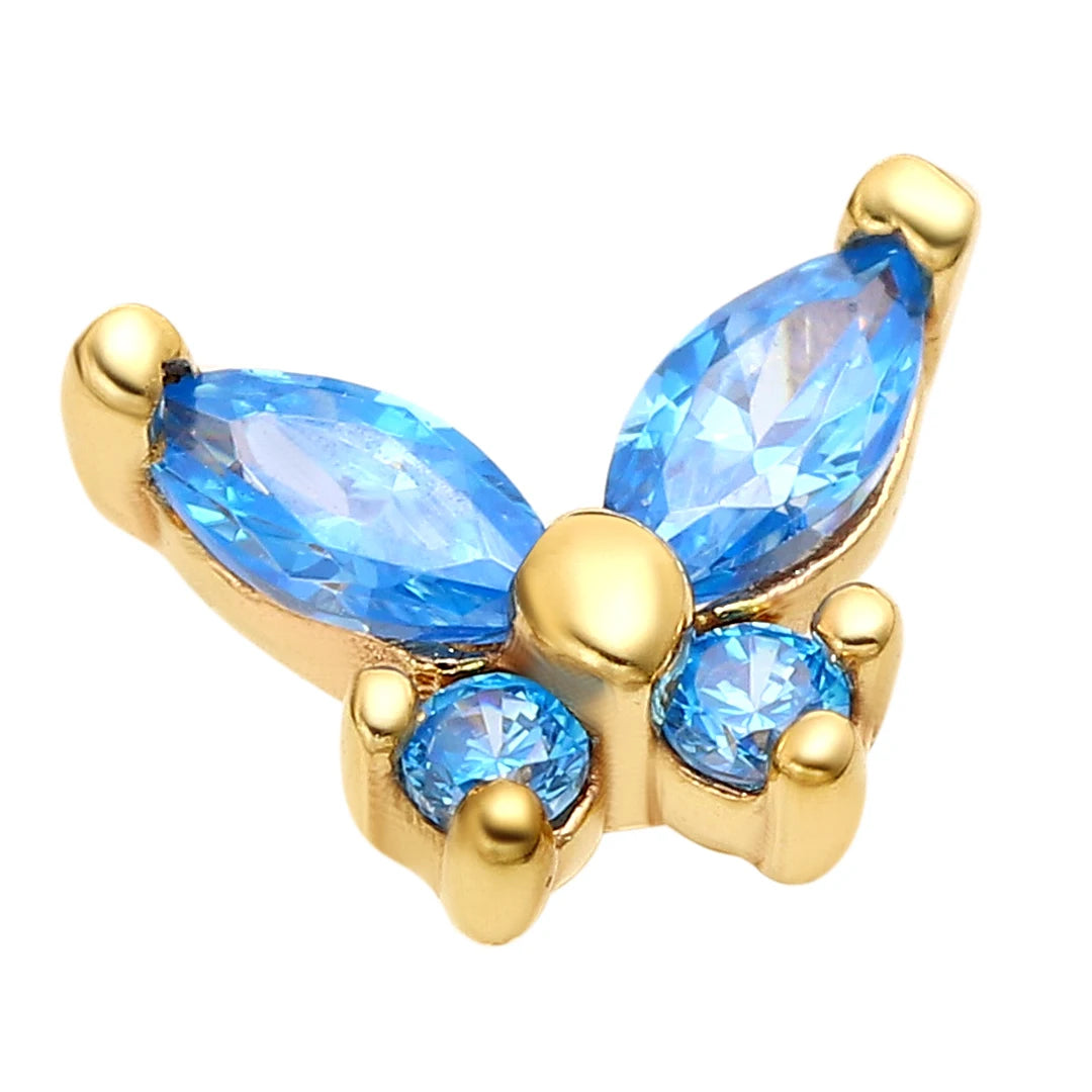 Eternal Metal 14K Solid Yellow &Rose Gold 5A CZ Paved Butterfly Nose&Ear Piercing  Labret Jewelry Threadless Push in Ends Top