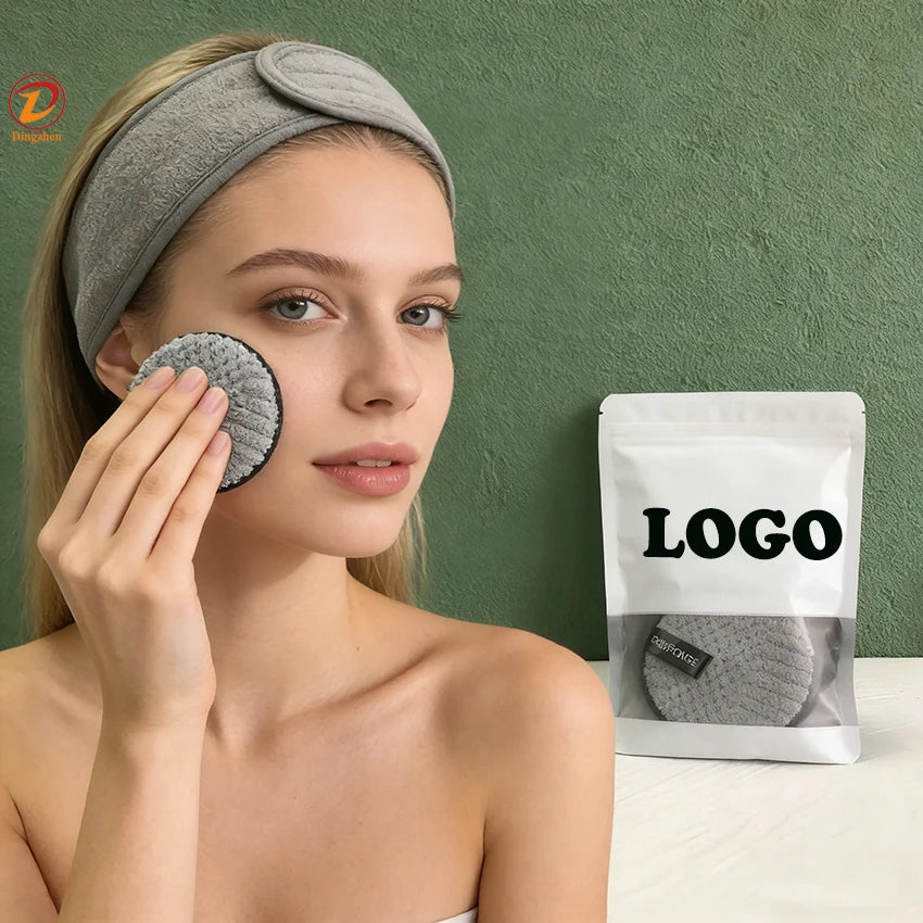 Customized Reusable Makeup Remover Pads 100% Microfiber Washable Sponge Face Cleansing Wipe With Headband Set for Women Gift