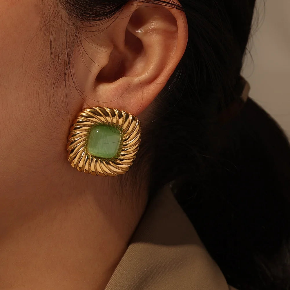 2024 New Arrival Trend 18k Gold Plated Square Button Earring Stainless Steel Green Natural Stone Square Texture Stud Earrings