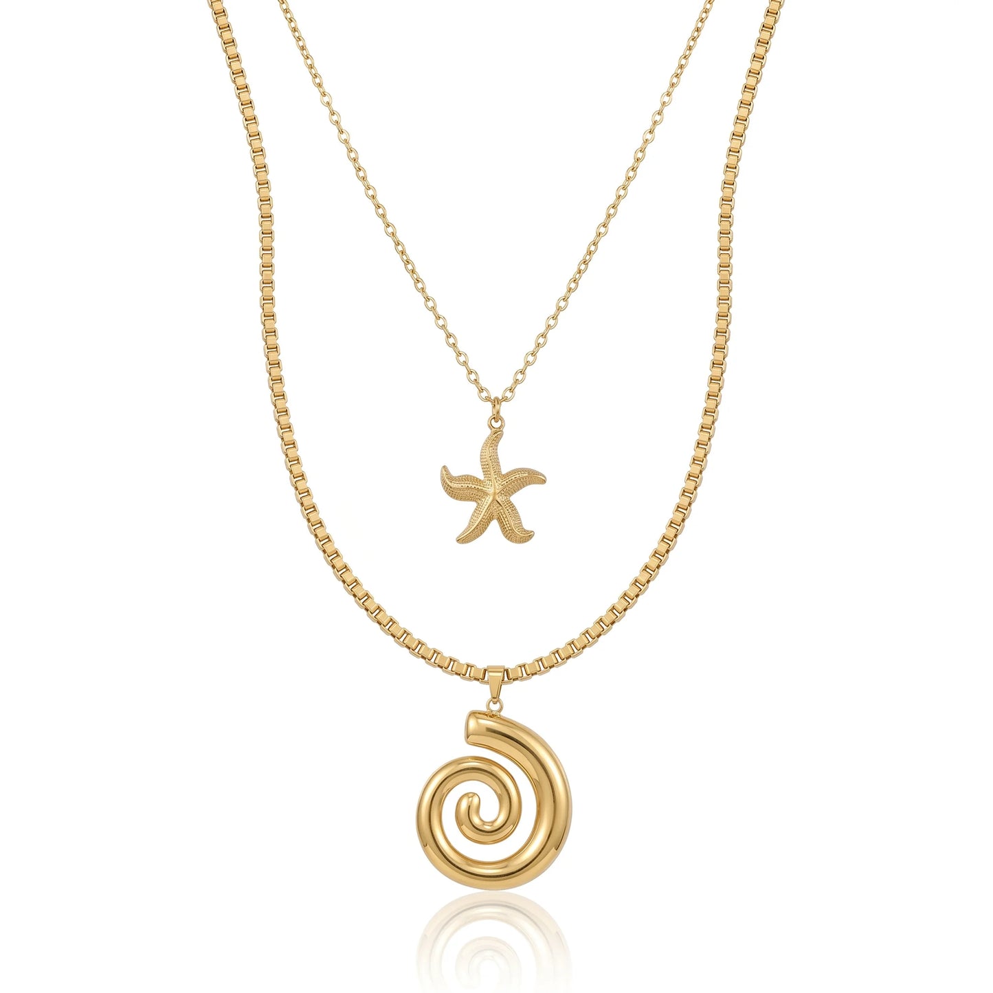 QIAOREN 11511 Stainless Steel Double Layer Necklace Starfish Conch Pendant Box Chain Adjustable Gold Beach Jewelry for Women
