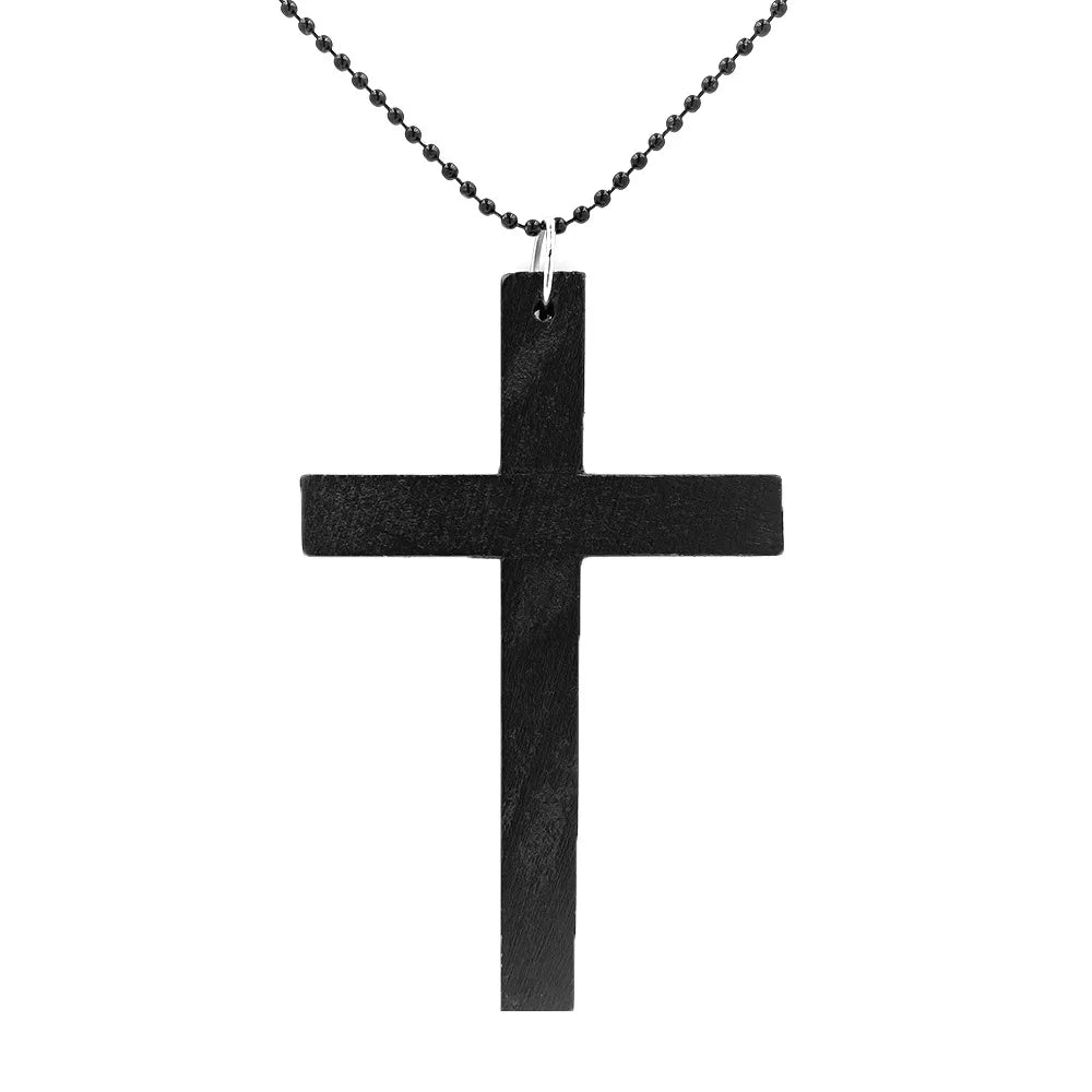 Vintage Wood Cross Necklace for Men and Women Big Cross Pendant With Long Bead Chain