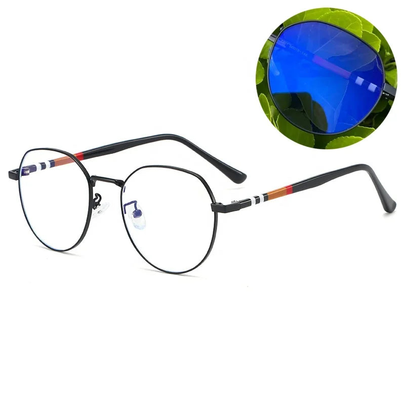Photochromic and Anti Blue Light Glasses Metallic Black Acetate Irregular Round Photogray Bezel 2026 Lenses Women Retro