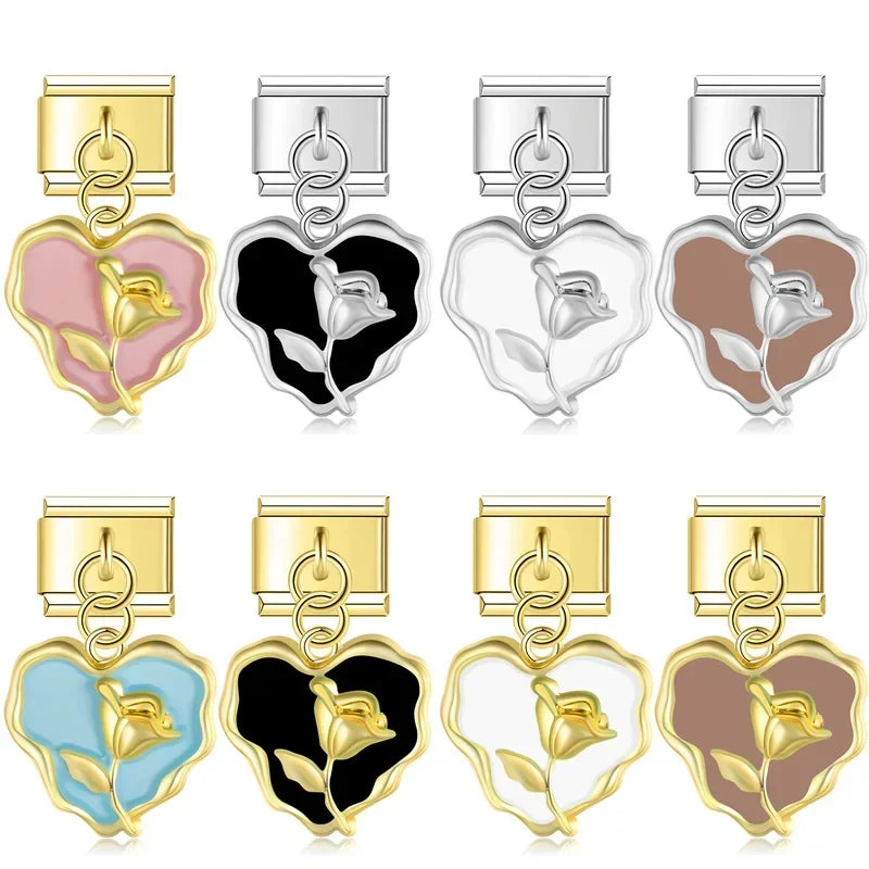 Hapiship 2024 New Fashion Romantic Heart Flower Charm Italian Link Fit 9mm Bracelet Stainless Steel Making DIY Jewelry DJ744