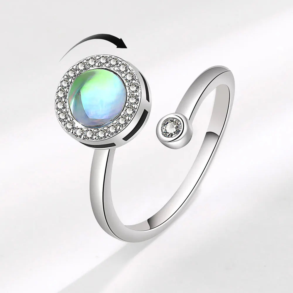 Luxury Delicate Natural Blue Oval Cut Halo Cubic Zirconia Adjustable Spinner Ring for Women Colorful Opal Rotating Rings