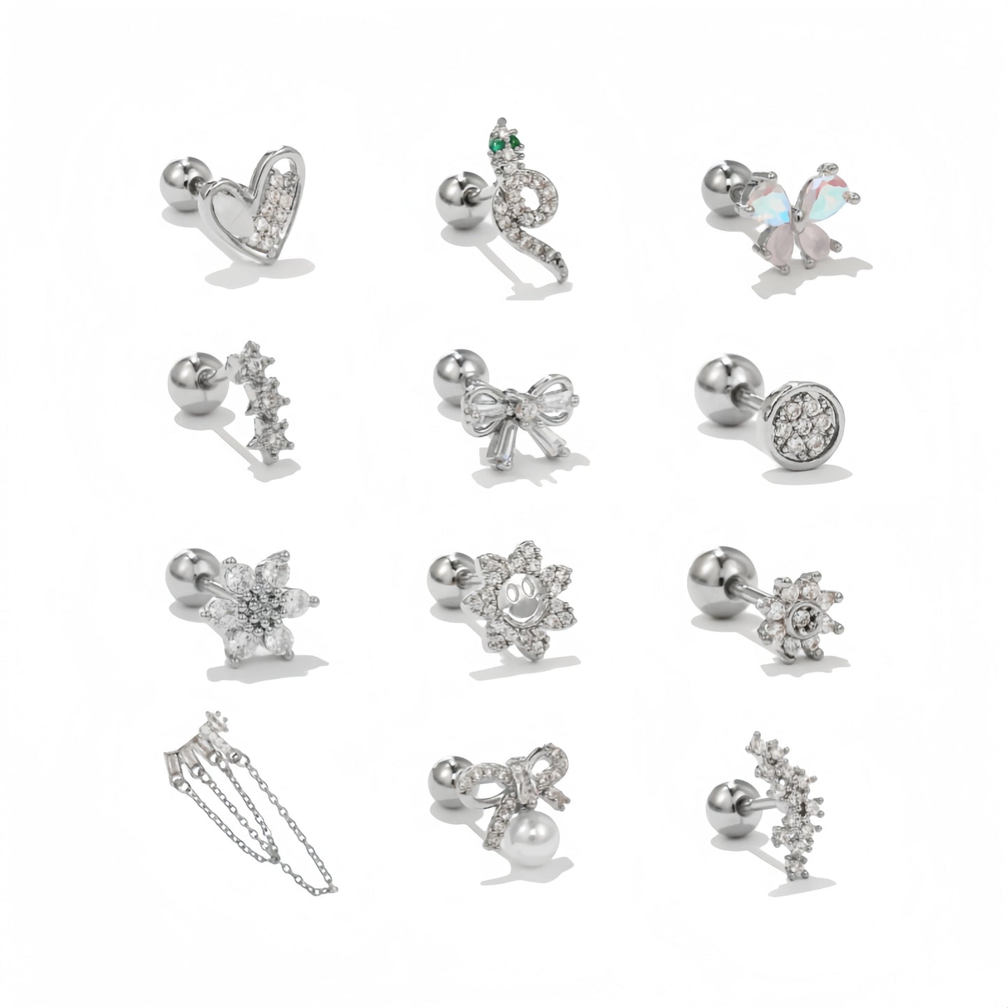 Multi Style Women Puncture Ball Screw Stainless Steel Rod Ear Bone Nails Wholesale Heart Bow Girls Silver Zircon Stud Earring