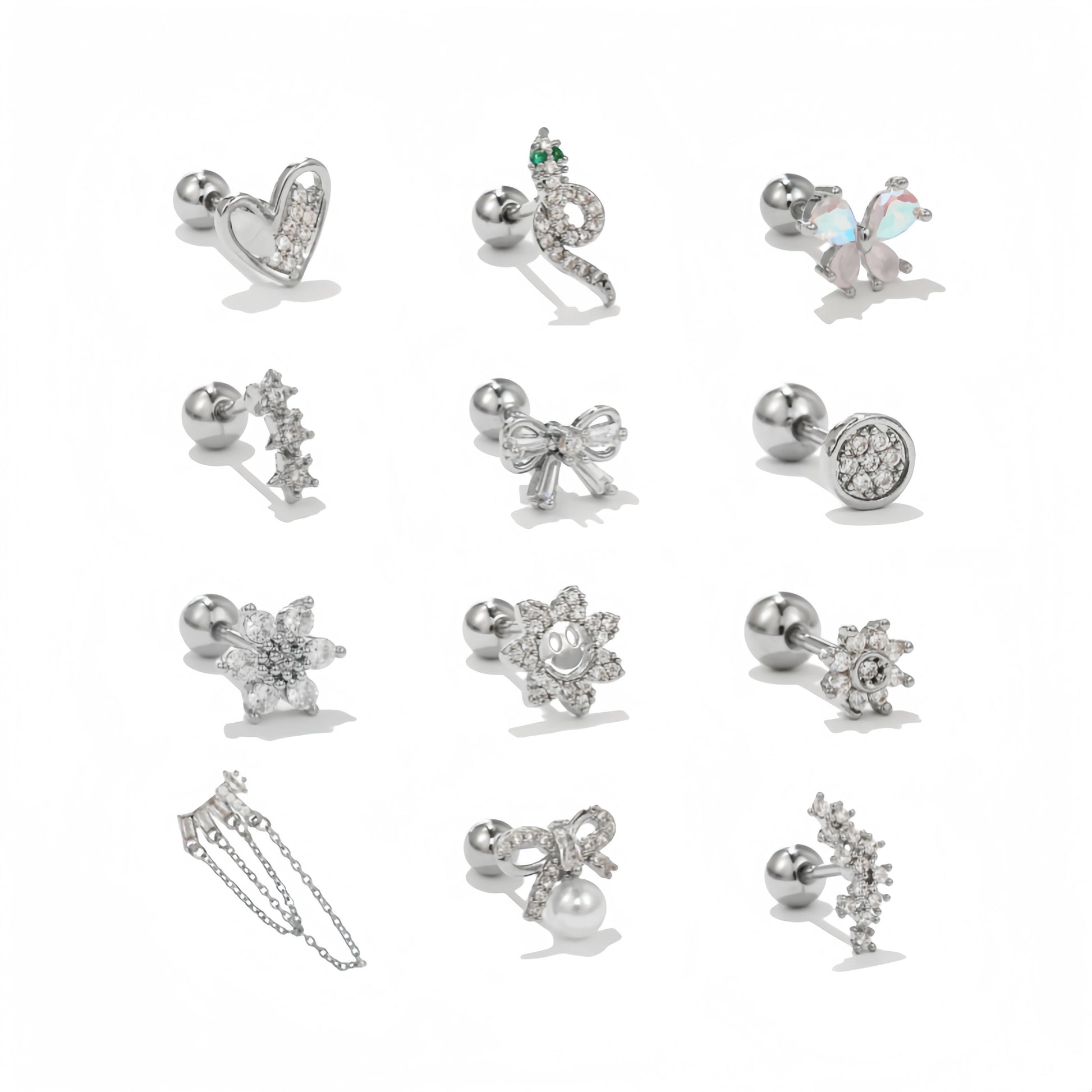 Multi Style Women Puncture Ball Screw Stainless Steel Rod Ear Bone Nails Wholesale Heart Bow Girls Silver Zircon Stud Earring