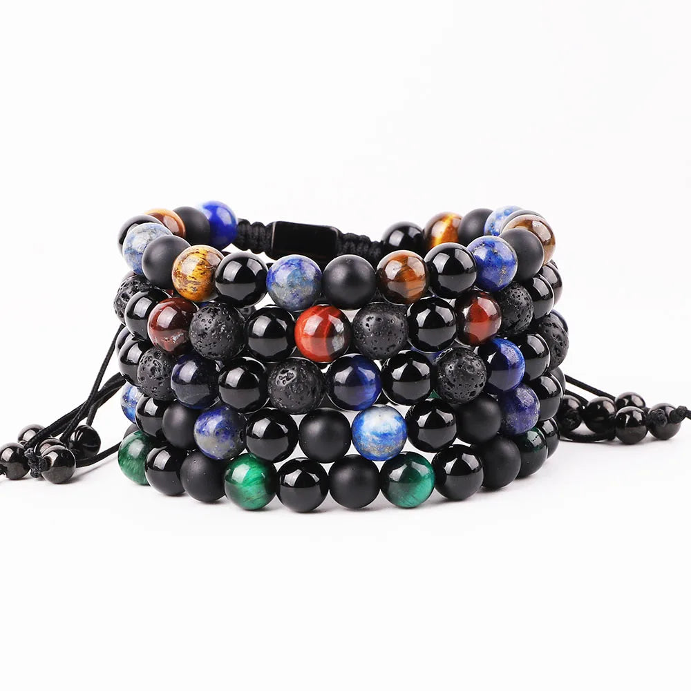 Classic Design Natural Stone Men Bracelet Custom Logo Lava Stone Tiger Eye Adjustable Bracelet for Man
