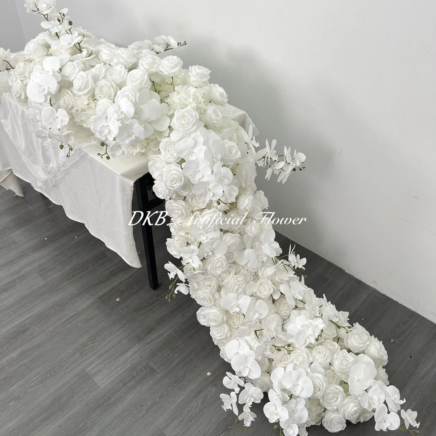 DKB Custom Wholesale Artificial Flower Table Runner Panel White Rose and Phalaenopsis Long Table Flower Decoration