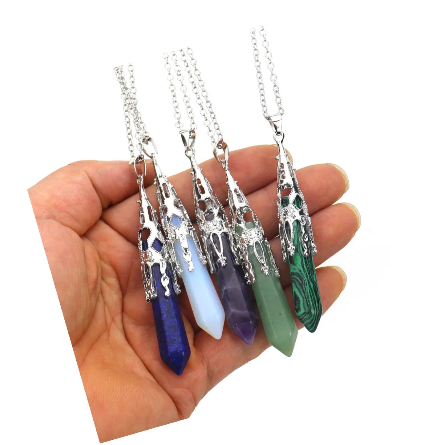 DAIHE Opal Rose Quartz Green Aventurine Lapis Lazuli Tiger Eye Natural Stone and Crystal Pendant Necklace