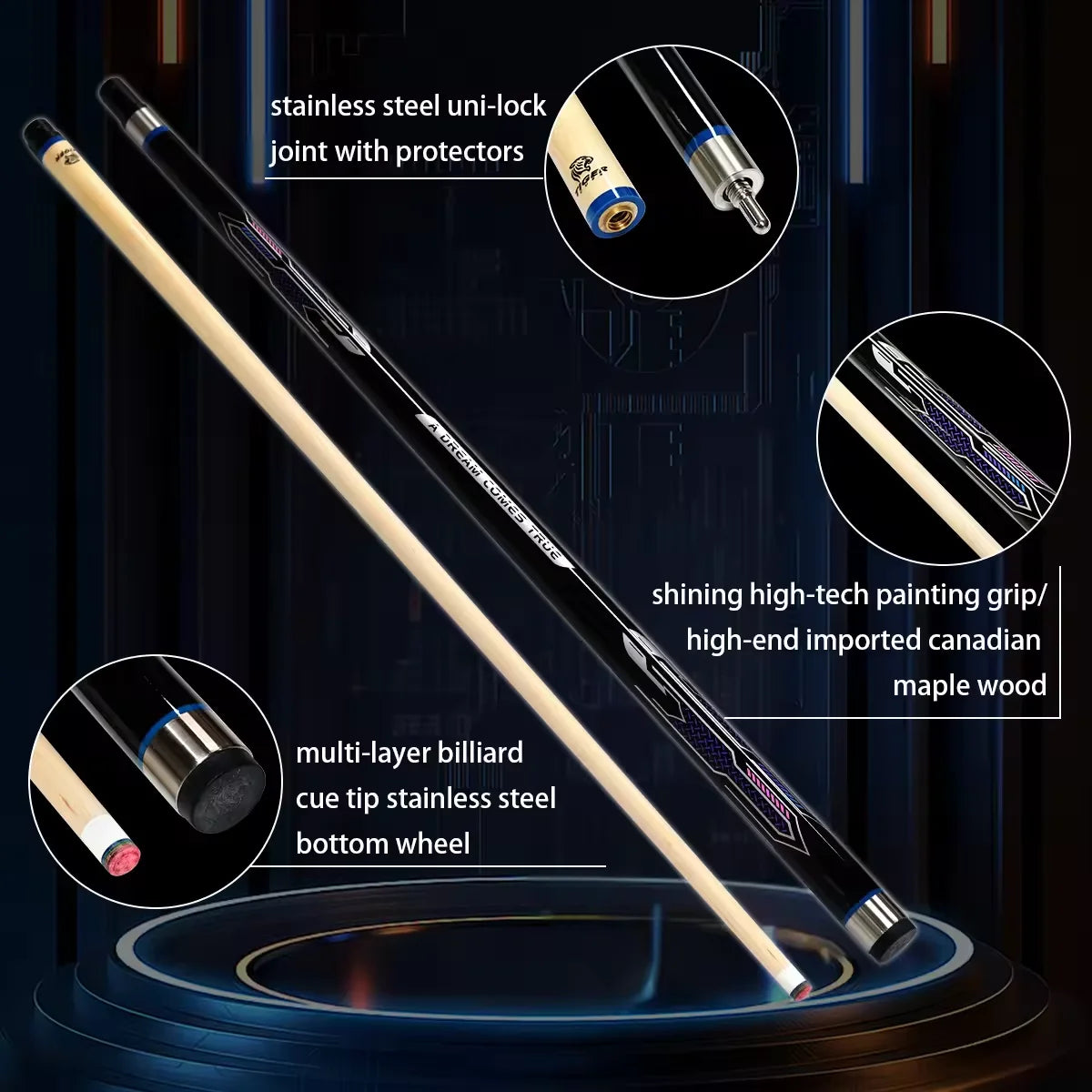 New Modern Style 58inches Billiard 1/2 PC Canadian Maple Pool Cue Unilock Joint with 13MM Tip for Sale
