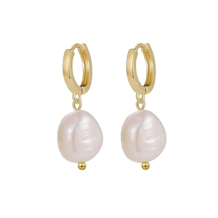 Fashion Jewelry 18K Gold Plating Copper Alloy White Baroque 8-9mm Pearl Drop Earrings