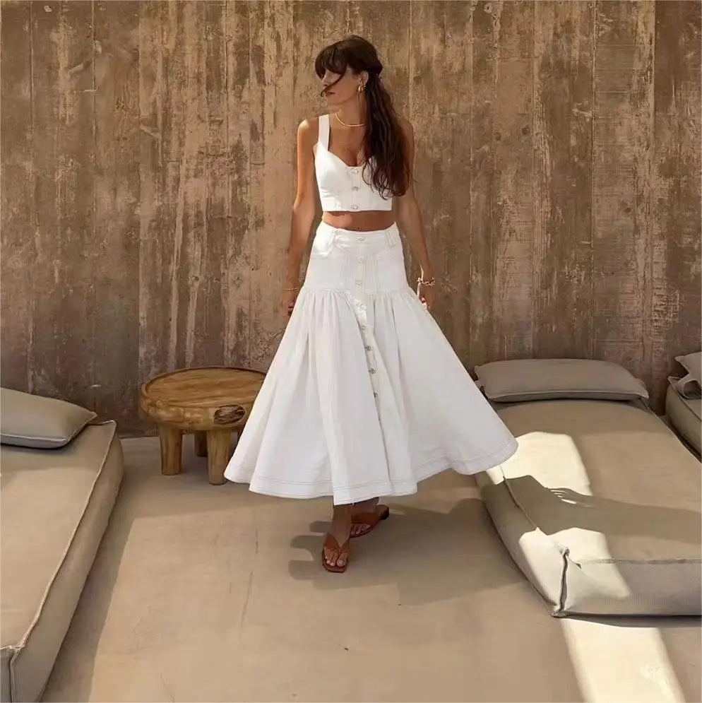 2024 Spring New Style Vest Top Elasticated Back + Skirt Casual Denim Suit Women's Clothing