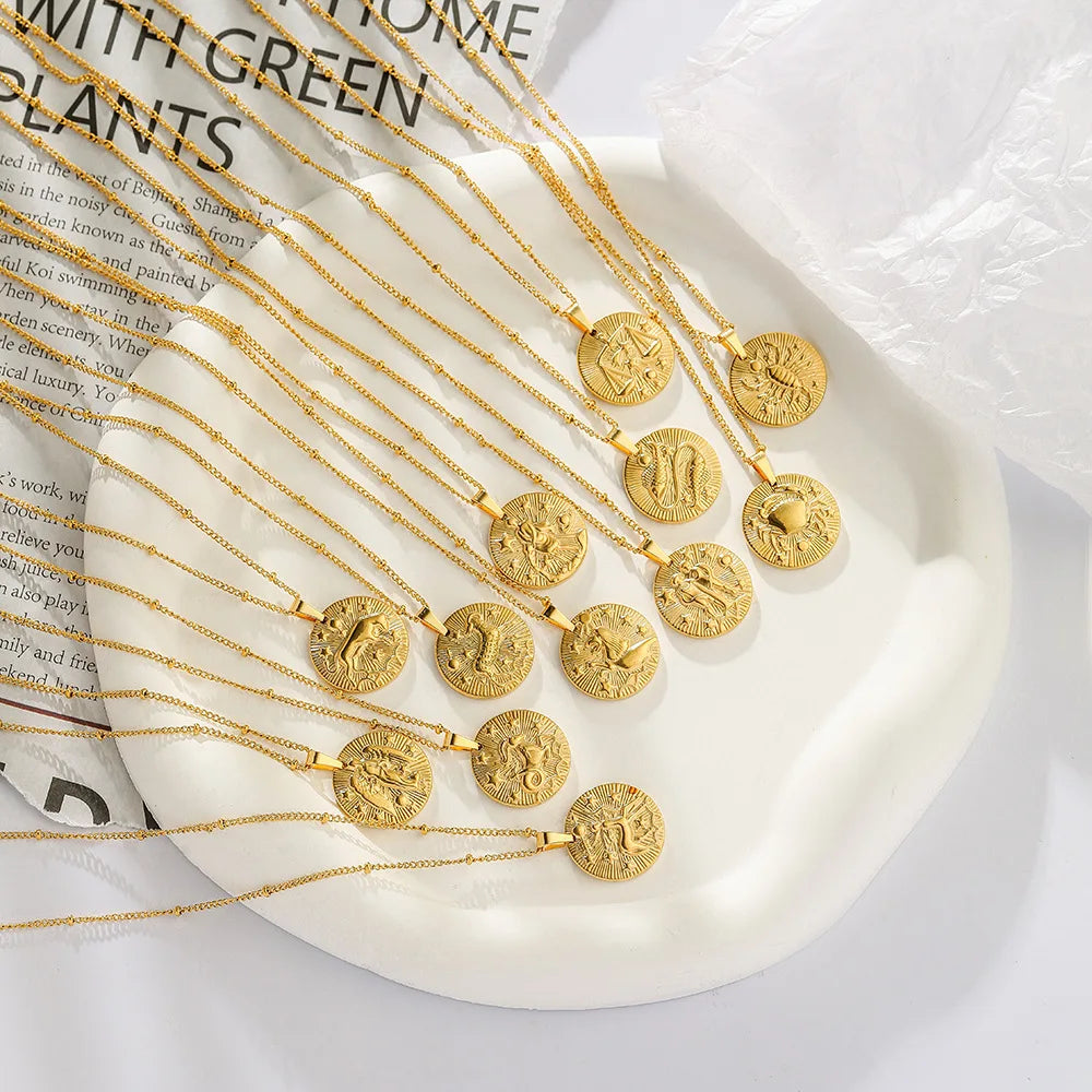 Simple Fashion Gold Stainless Steel Necklaces Twelve Constellations Pendant Fancy Chain for Party Anniversary Wedding Occasio