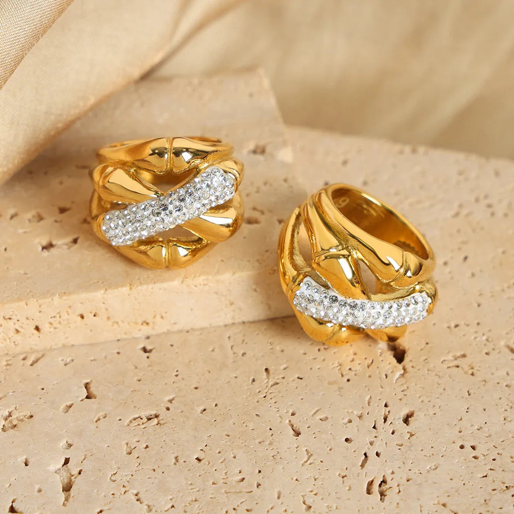 Non Tarnish 18k Gold Plated Stainless Steel Ring Punk Bone Joint Cubic Zirconia Cross Chunky Large Rings Anillos De Oro