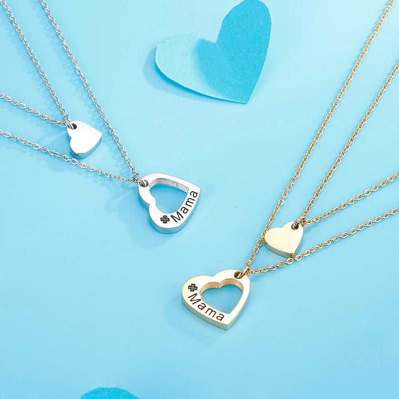 Fashion Layered Stainless Steel PVD Plating Heart Shaped Letters Mama Hollow Heart Pendant Necklace As Mothers' Day Gift