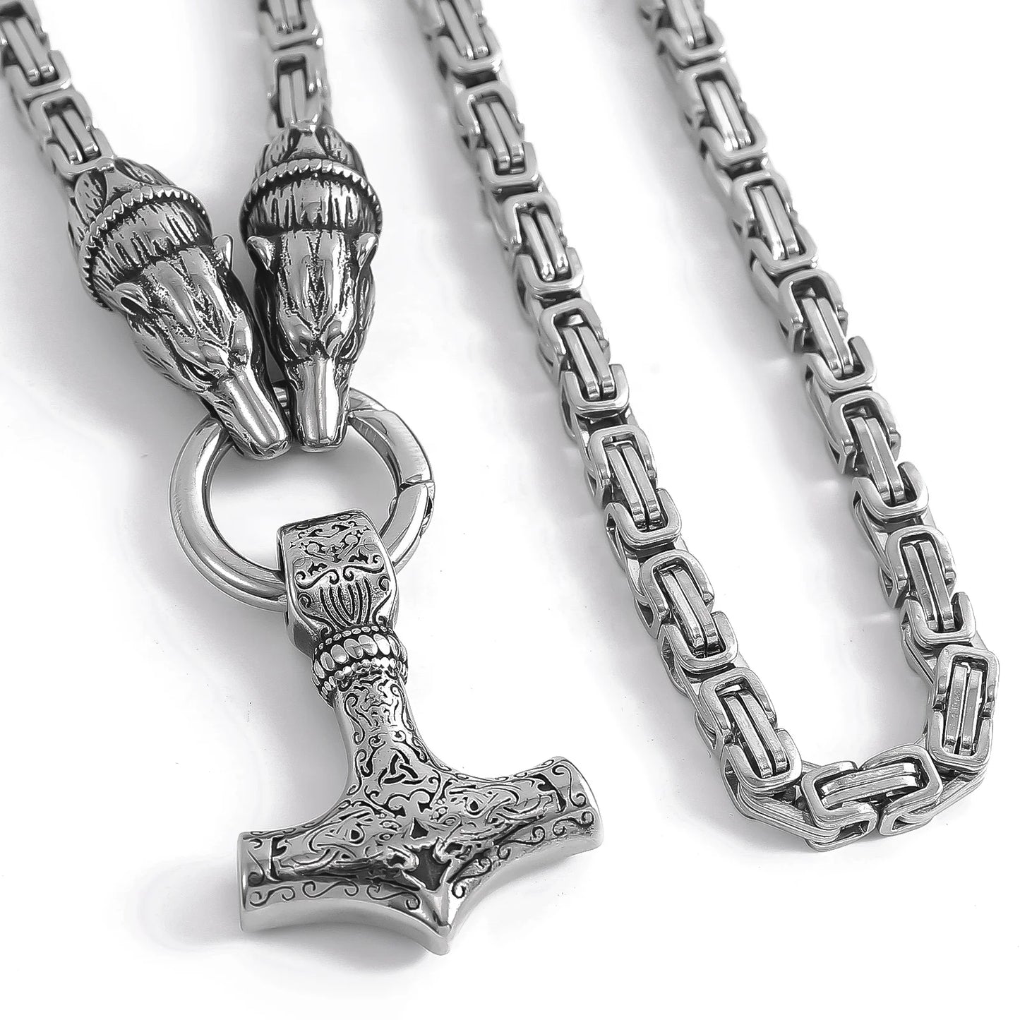 316L Stainless Steel Mens Jewelry Wholesale King Chain Norse Myth Wolf Thor Hammer Pendant Necklace Viking Jewelry