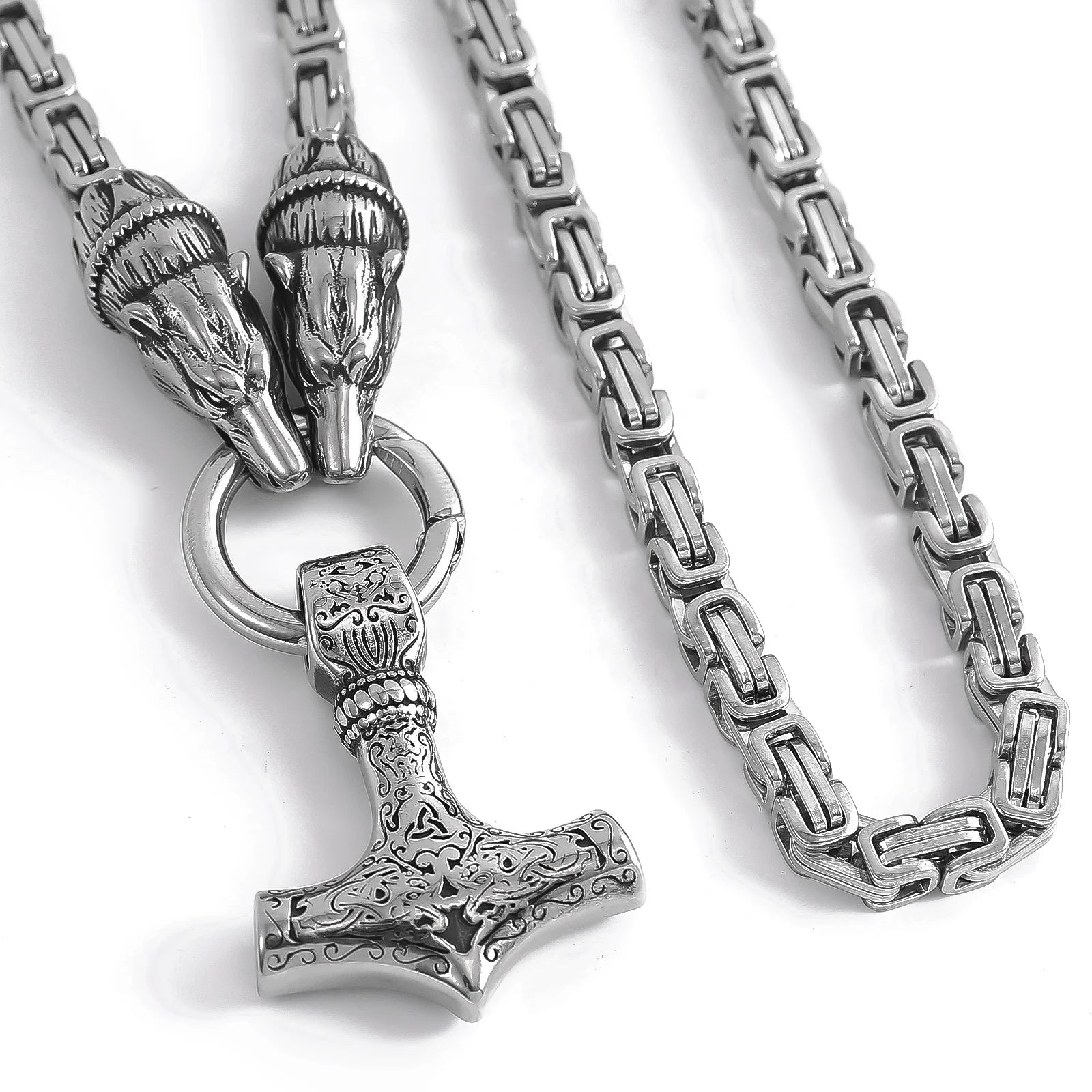 316L Stainless Steel Mens Jewelry Wholesale King Chain Norse Myth Wolf Thor Hammer Pendant Necklace Viking Jewelry