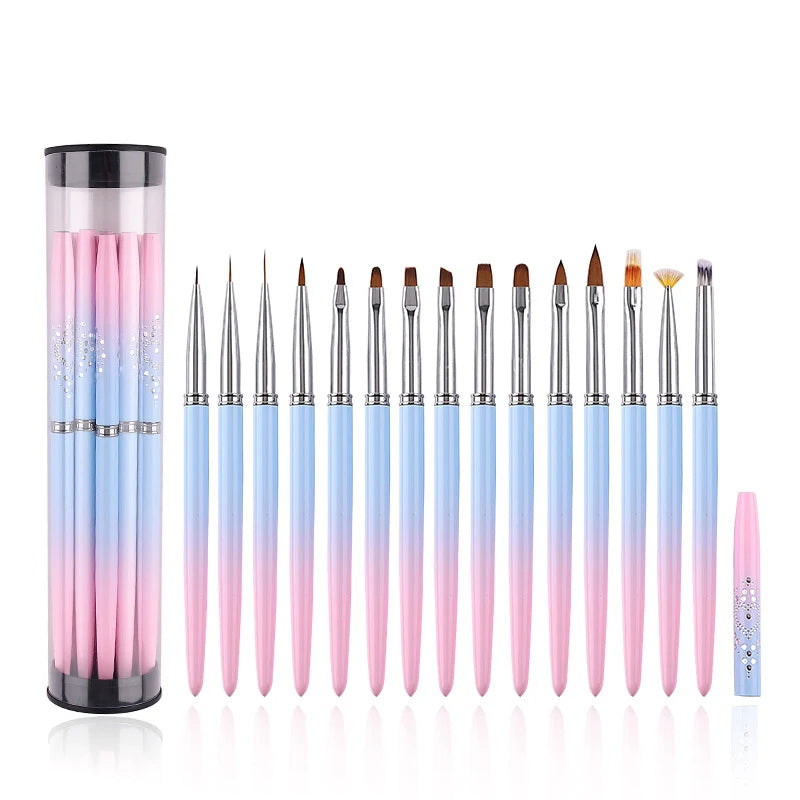 New 15 Pcs French Manicure Nail Art Pen Set Kolinsky Brush Nails Cleaning Brush Metal Handle Finger Gap Tool Crystal Mink Bru
