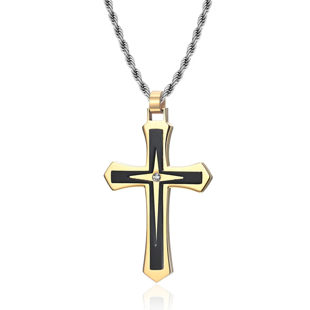316 Stainless Steel Two-Color Cross Pendant Necklace Chains for Men's Engagement Gift-European & American Trendy Titanium Ste