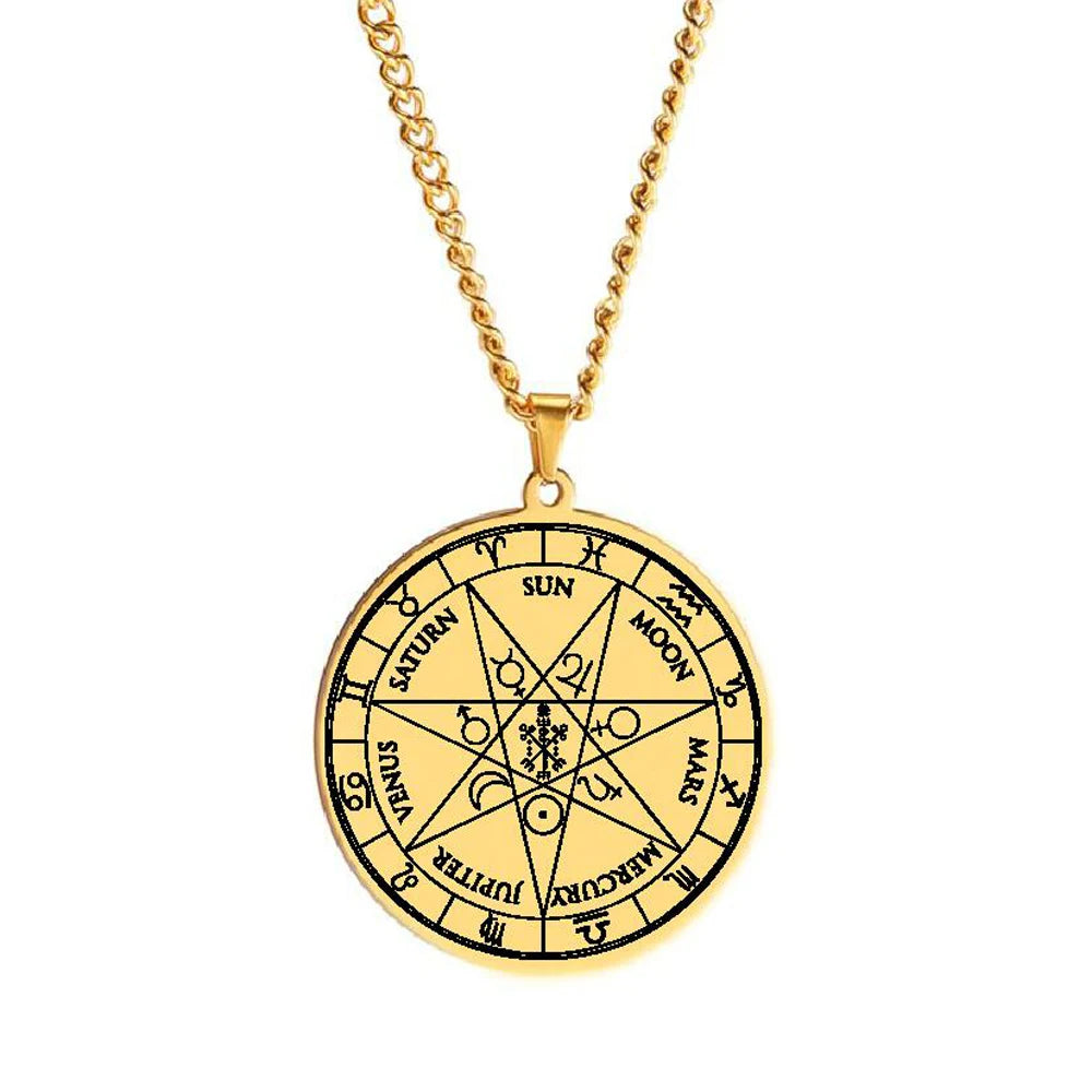 7 Archangels Seal of Saint Cyprian Pentacle Pentagram 12 Zodiac Sun Moon Magic Amulet Talisman Stainless Steel Pendant Neckla