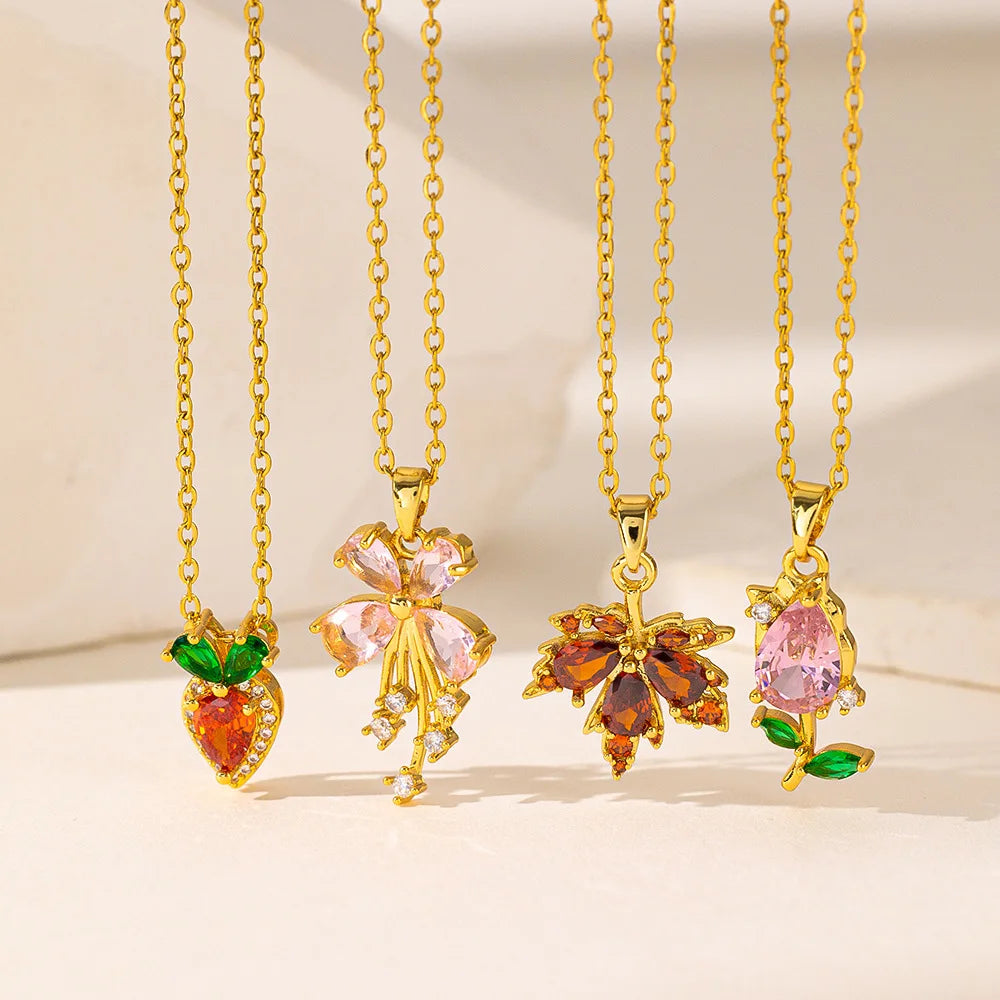 Tarnish Free No Fade Chain Necklace for Women Gold Plated Sparkling Zircon Leaves Flower Charm Stainless Steel Clavicle Neckl