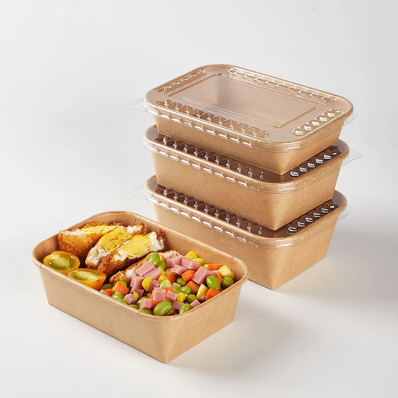 Transparent Lid Eco-Friendly Waterproof Microwavable Kraft Paper Fast Food Box for Sushi Dessert Packaging Disposable Plates
