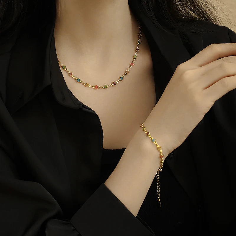 Ins Bohemian Minimalist Jewelry 18K Gold Plated Colorful Crystal Charm Necklace Bracelet Set for Women