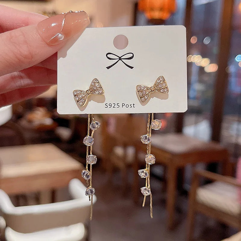 Exquisite Long Tassel Crystal Earrings  Ins Fashionable Diamond-encrusted Bow  Earrings